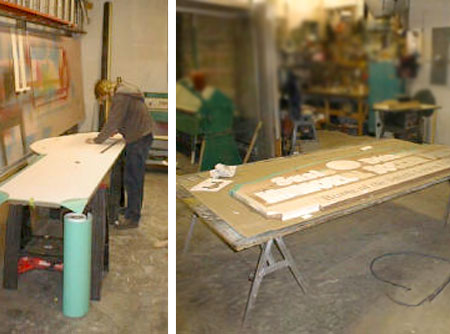 apply a sandblasting stencil mask to the redwood blank, draw our design on the stencil, and begin hand-cutting it out.